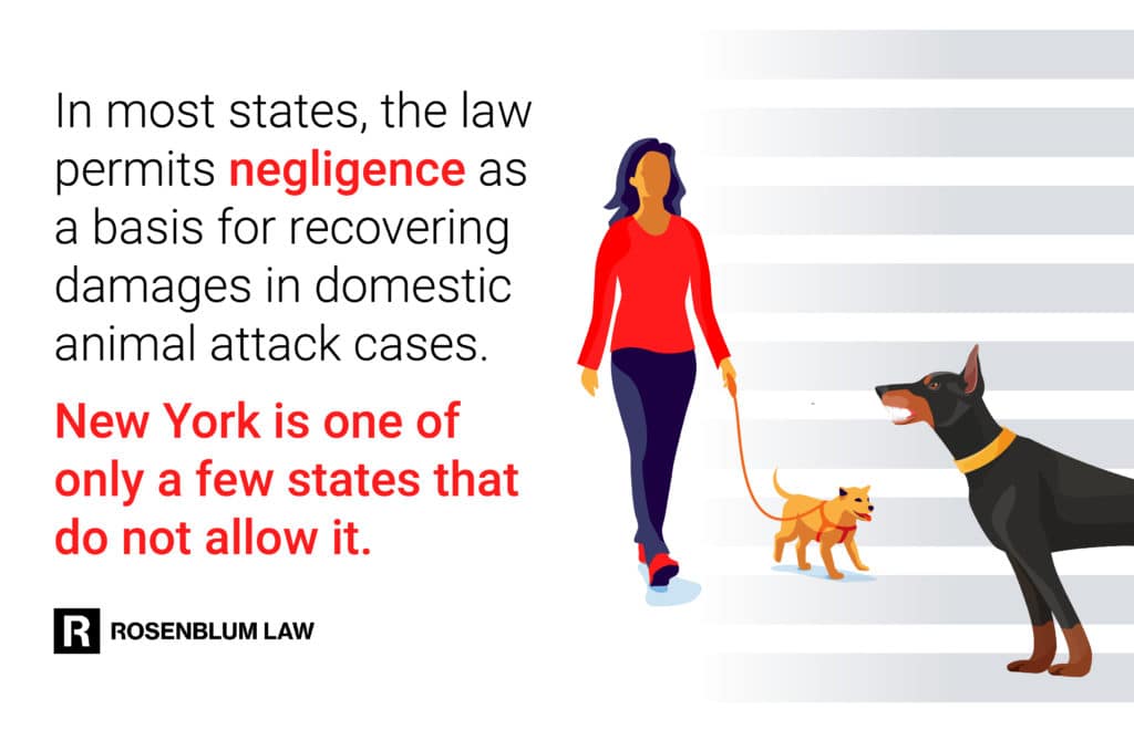 In most states, the law permits negligence as a basis for recovering damages in domestic animal attack cases. In these states, when the owner does not have a reason to know their animal is dangerous, they are still liable if they intentionally cause the animal to do harm or are negligent in failing to prevent harm.