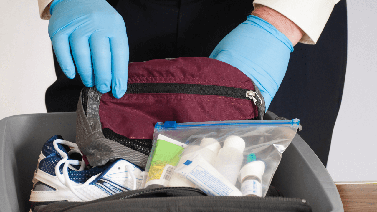 An airport security personnel checking a passenger's belongings.