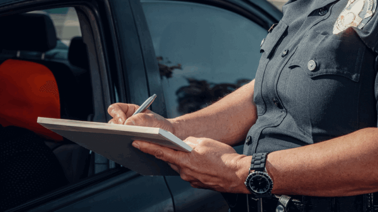 A police stopping a person over and giving them a ticket.